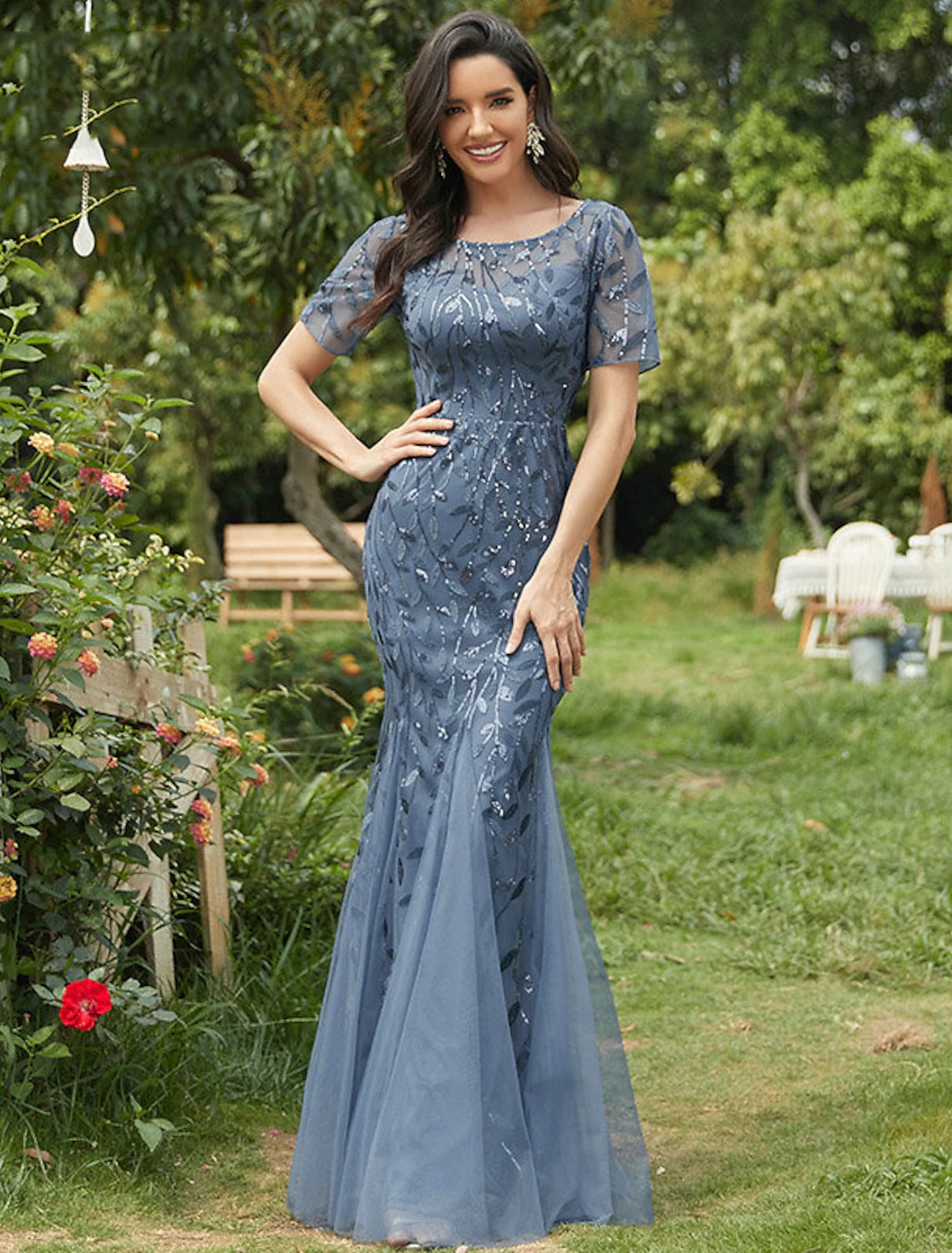 Mermaid / Trumpet Evening Gown Empire Dress Wedding Guest Floor Length Short Sleeve Jewel Neck Bridesmaid Dress Tulle with Embroidery